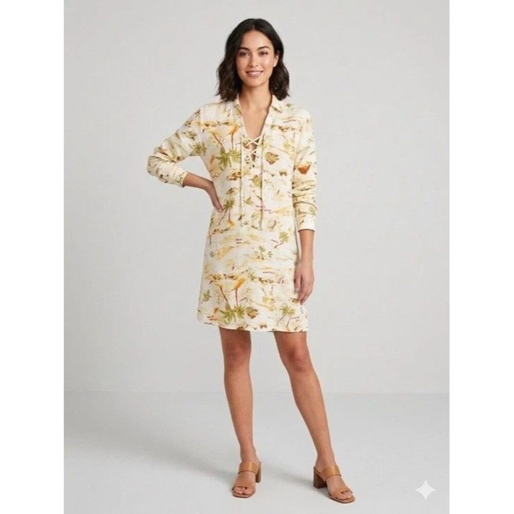 C&C California Shirt Dress Tunic Medium Tropical Print Linen Blend Lace-Up NEW
